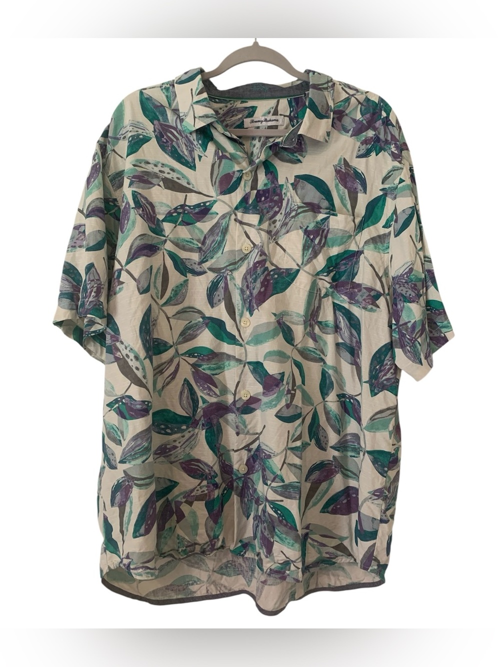 ⁠Tommy Bahama 100% Silk Camp Shirt XXL Purple Teal Tropical Leaf Button Down